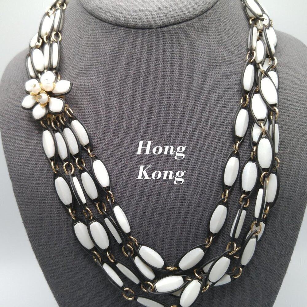 Vintage Hong Kong Lucite Necklace Black White 4 Strand Flower Clasp 1960s